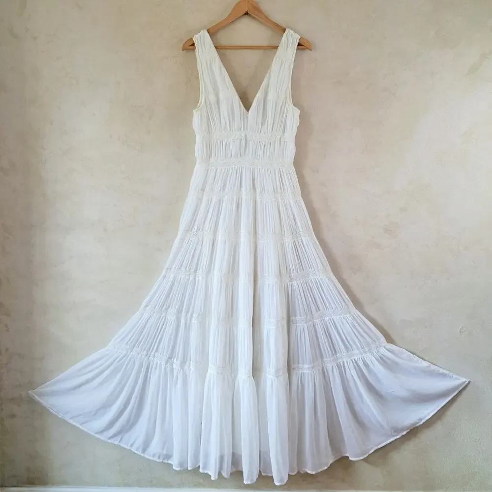 Abercrombie & Fitch White Plunge Lace Tiered Boho Maxi Dress Medium Tall MT